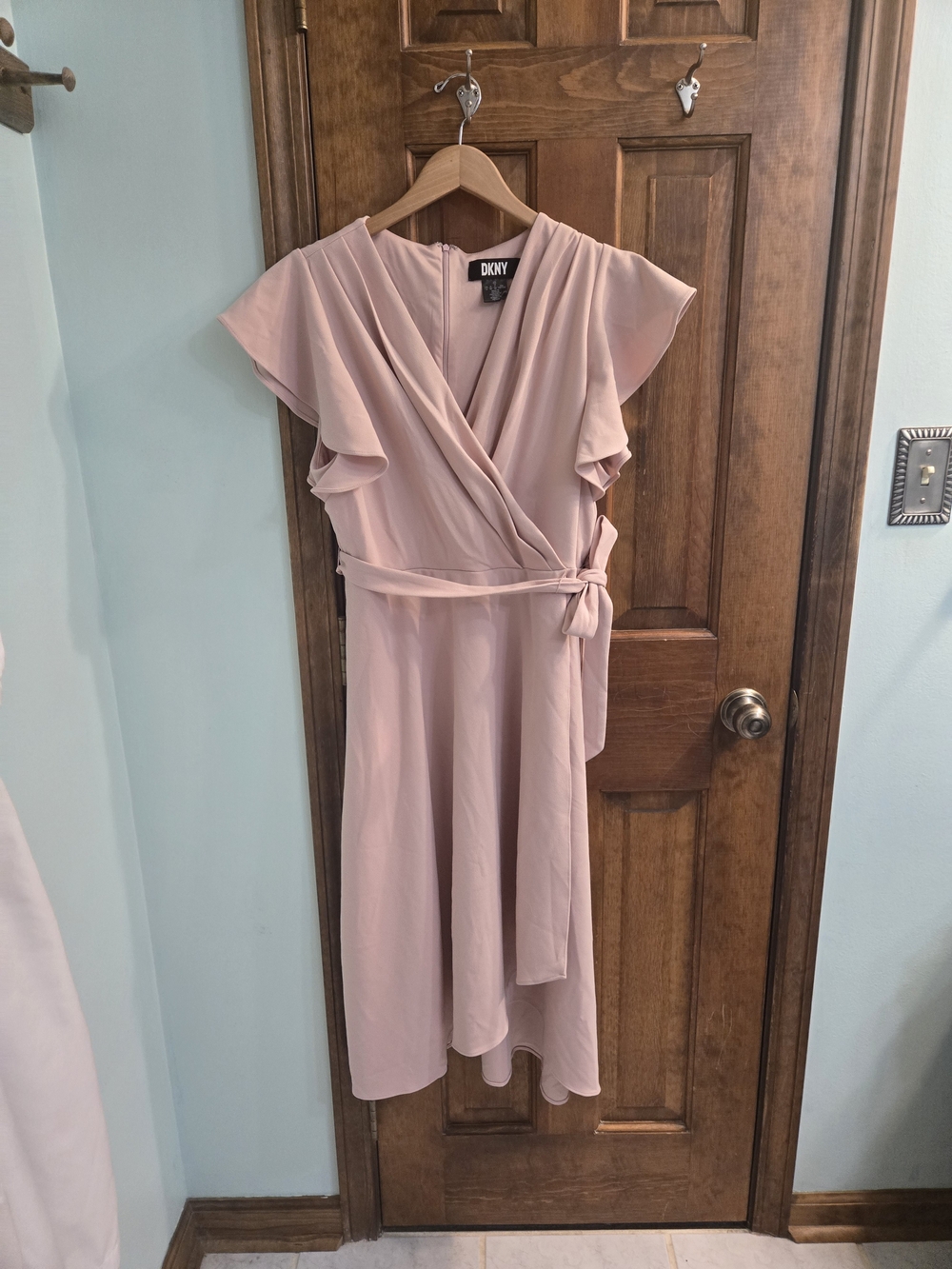 DKNY Blush Pink Wrap Midi Summer Dress with Flutter Sleeves
